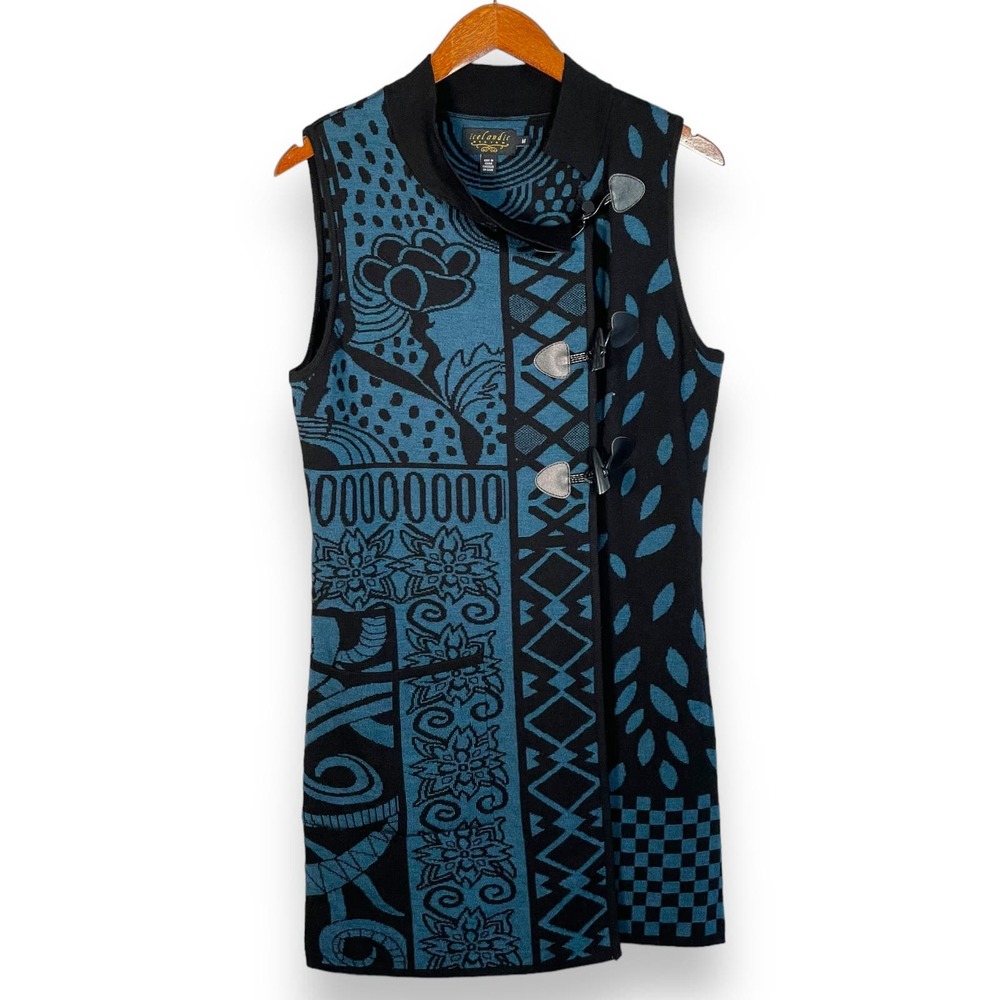 Icelandic Design Merino Wool Long Sweater Vest Teal Black Toggle Buttons Sz M